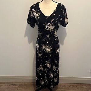 Joon Clay Vintage Navy Blue Floral Button Front Midi Dress 2 slits tie back SZ 9
